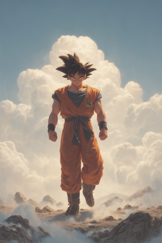 Goku Ascends – Glowing Acrylic Frame of the Saiyan Above the Clouds