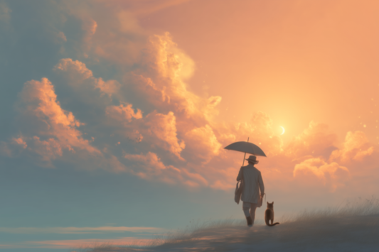 Evening Walk with Light – Glowing Acrylic Frame of a Man and Cat at Sunset