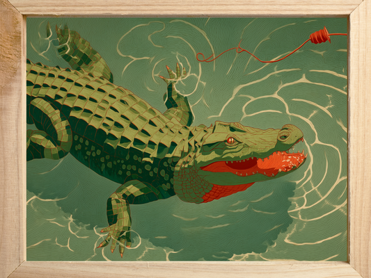Bait Line – Glowing Acrylic Frame of a Crocodile Rising Through Ripples