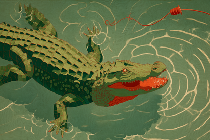 Bait Line – Glowing Acrylic Frame of a Crocodile Rising Through Ripples